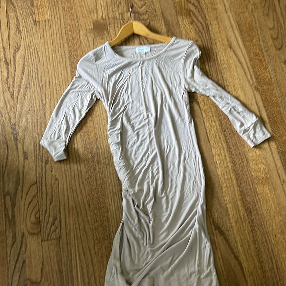 Madeleine Body-Con Maternity Dress, Size Small, Tan, right below the knee